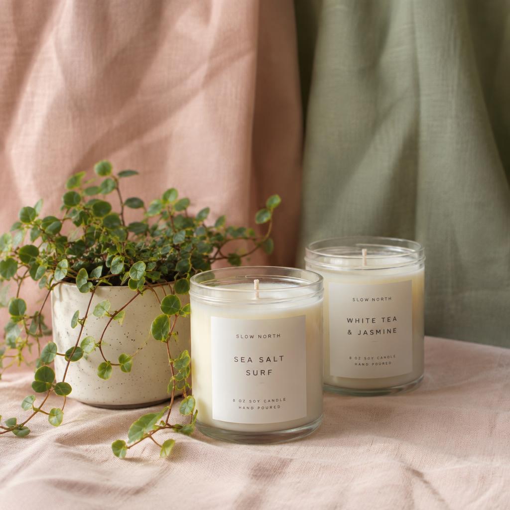 Candles beside a trailing plant