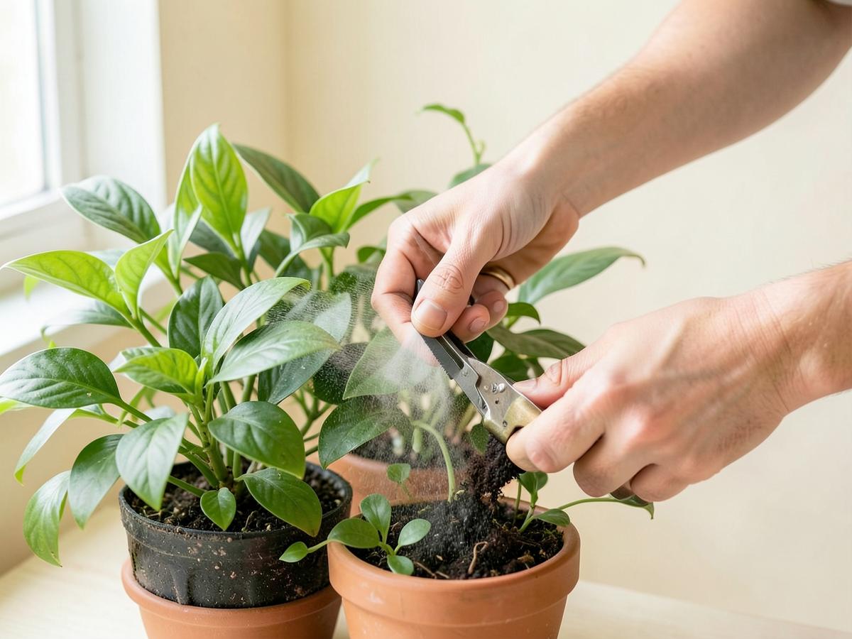 Hands tending to potted houseplants